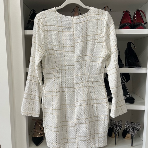 New  White Gold Tweed Dress Long Sleeve Ornamental Buttons Back Zip S - Picture 11 of 14